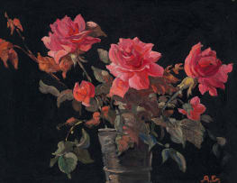 Allerley Glossop; Red Roses in a Pewter Vase