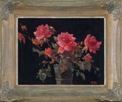 Allerley Glossop; Red Roses in a Pewter Vase