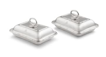 Pair of silver-plated entrée dishes and covers, stamped Butler Sheffield, appears undated