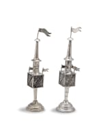 A near pair of sterling silver Judaica spice towers, unmarked