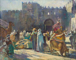 John Henry Amshewitz; Market Square Scene with Figures and Camels