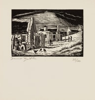 David Botha; Cottages with Figures at Waenhuiskrans