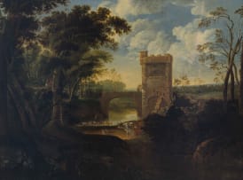 Continental School, 18th Century; Tower, Cattle and Figures Alongside a River