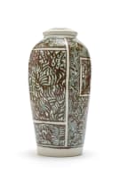 Esias Bosch; White urn with lid and brown patterning