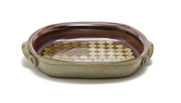 Digby Hoets; Brown and green tray with geometric patterning