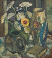 Piet van Heerden; Still Life with Flowers, Vases and a Book