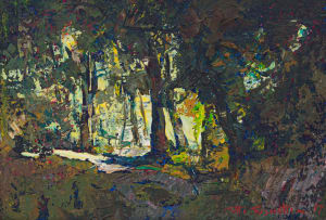 Titta Fasciotti; Cottages in a Forest; Sunlight in a Clearing, two