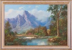 Gabriel de Jongh; River in a Mountainous Landscape