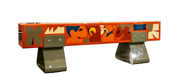 A Laurie Wiid van Heerden and Yay Abe 'A Space for Us' electro-galvinised mild steel bench, hand-painted by Liberty Battson, designed 2024.