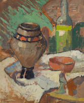 Gregoire Boonzaier; Still Life with Vessel, Bowl and Wine Bottle