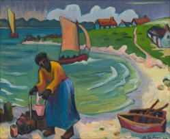 Maggie Laubser; Seascape with Woman Carrying Bucket; Boats and Houses in Background