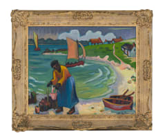 Maggie Laubser; Seascape with Woman Carrying Bucket; Boats and Houses in Background