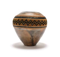 Unknown Artist; Beaded earthenware vessel with black and gold zigzag patterns