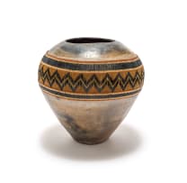 Unknown Artist; Beaded earthenware vessel with black and gold zigzag patterns