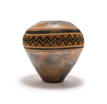 Unknown Artist; Beaded earthenware vessel with black and gold zigzag patterns