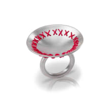 Silver ring with woven red cross-stitch thread