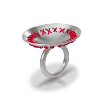 Silver ring with woven red cross-stitch thread