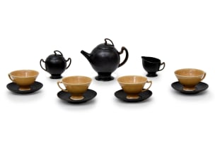 Mervyn Gers Ceramics; Tea set comprising: a teapot, a milk jug, a covered sugar bowl, four cups and four saucers
