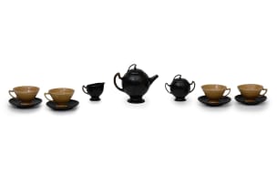 Mervyn Gers Ceramics; Tea set comprising: a teapot, a milk jug, a covered sugar bowl, four cups and four saucers