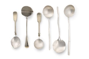 Six Marchand van Tonder silver and plated spoons, South Africa, 2019