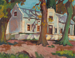 Maggie Laubser; Cape Homestead and Trees (La Dauphine, Franschhoek)