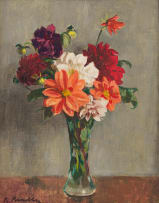 Robert Broadley; Red and Orange Dahlias in a Tall Vase