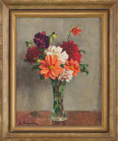 Robert Broadley; Red and Orange Dahlias in a Tall Vase