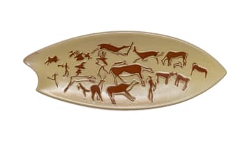 Kalahari Studio; Arrowhead-shaped dish decorated with hunting scene