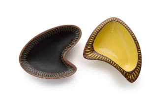 Kalahari Studio; Pair of three-footed organic-shaped bowls with Ndebele inspired decoration, two