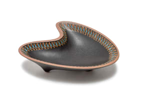 Kalahari Studio; Pair of three-footed organic-shaped bowls with Ndebele inspired decoration, two