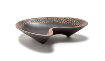 Kalahari Studio; Pair of three-footed organic-shaped bowls with Ndebele inspired decoration, two