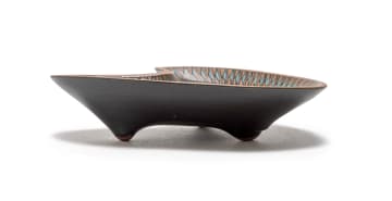 Kalahari Studio; Pair of three-footed organic-shaped bowls with Ndebele inspired decoration, two