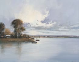 Mel Brigg; Landscape with River and Boats