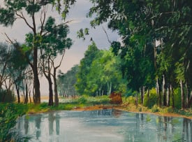 Hennie Griesel; Lake Surrounded by Trees with a Meadow Beyond