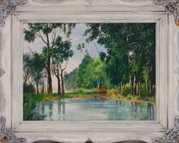 Hennie Griesel; Lake Surrounded by Trees with a Meadow Beyond