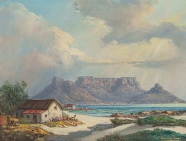 Gabriel de Jongh; Coastal Cottages with Table Mountain in the Distance