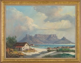 Gabriel de Jongh; Coastal Cottages with Table Mountain in the Distance