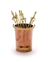 A brass and copper fireside set, Pieter Van Dijk, 20th century