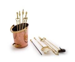 A brass and copper fireside set, Pieter Van Dijk, 20th century