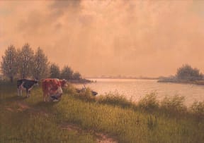 Jacobus Leonardus van der Meide; Cattle alongside a River
