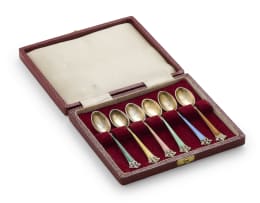 A set of six Norwegian silver guilloche enamel spoons, Magnus Aase, Bergen, c.1900