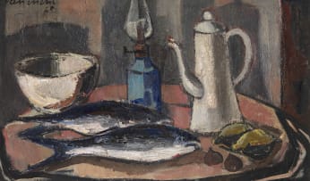 Maurice van Essche; Still Life with Coffee Pot, Fish and Bowl