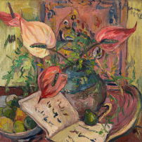 Irma Stern; A Still Life of Anthuriums in a Blue Jar, Fruit and Book