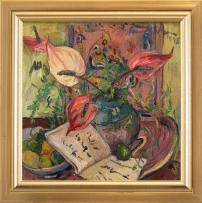 Irma Stern; A Still Life of Anthuriums in a Blue Jar, Fruit and Book