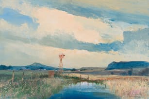 Christopher Tugwell; Windmill in a Grassy Landscape with Mountains in the Distance