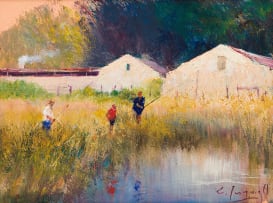 Christopher Tugwell; Fishing by Farm Buildings