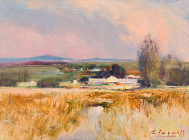 Christopher Tugwell; Farm Landscape with Pink Sunset