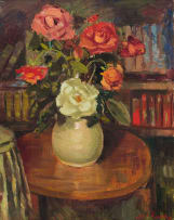 Piet van Heerden; Roses in a White Vase on a Table