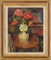 Piet van Heerden; Roses in a White Vase on a Table