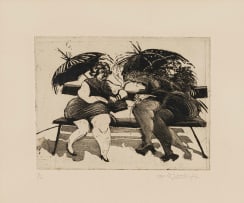 William Kentridge; Domestic Scenes 43: Two Women on Bench with Umbrellas
